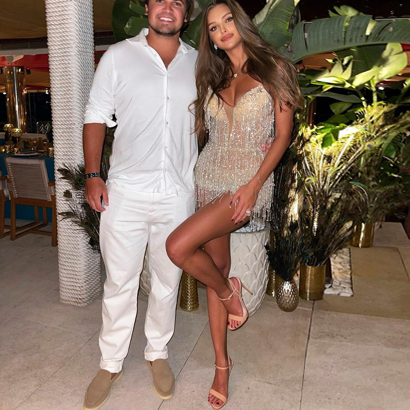 Luxury Tassel High Slit Strapless Short Cocktail Party Dress RM044