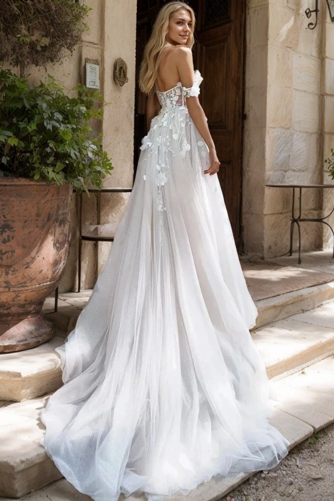 A-Line Tulle Applique Off-the-Shoulder Sleeveless Chapel Train Wedding Dresses-652