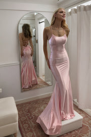 Trumpet/Mermaid Pink Silk Sleeveless Prom Dresses Long Formal Ball Gown