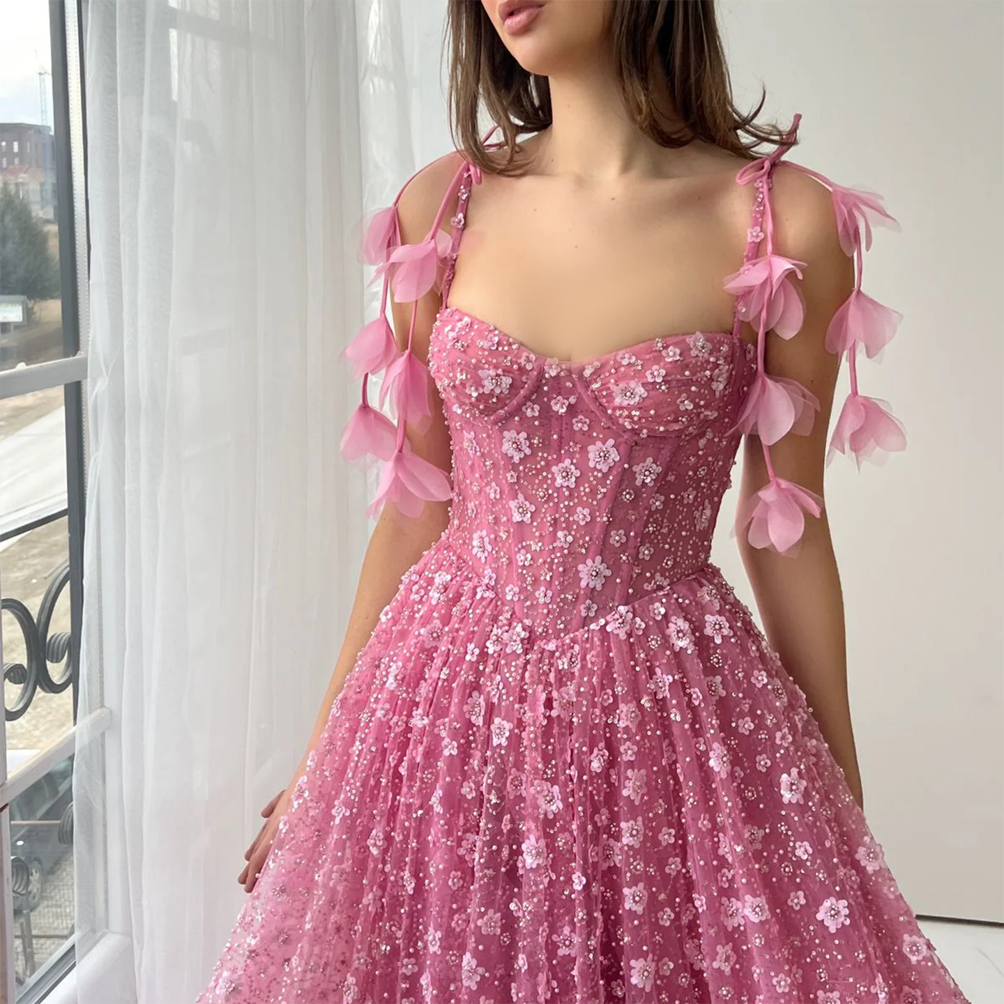 Delicate Pink 3D Floral Spaghetti Evening Dress SS701