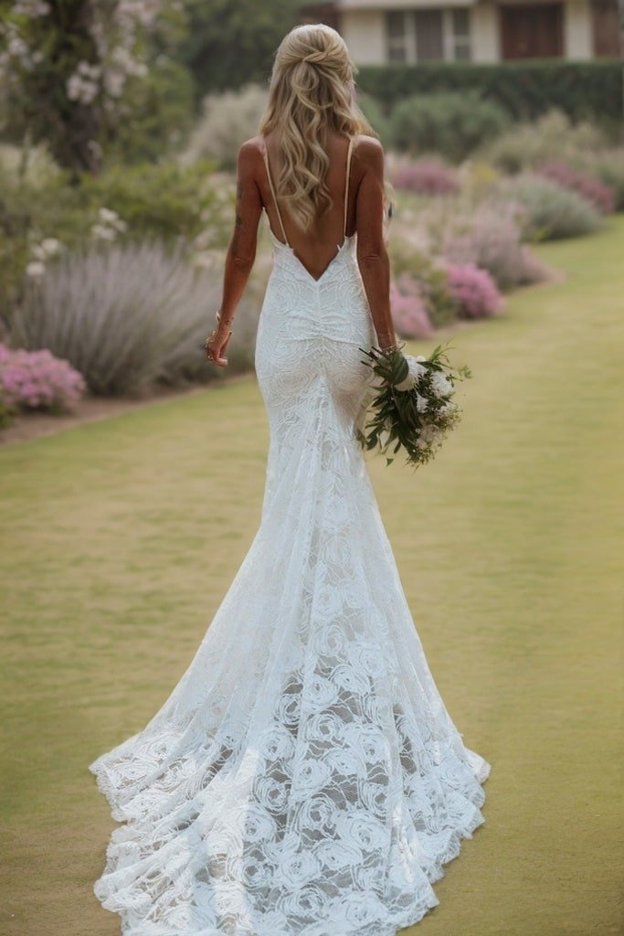 Trumpet/Mermaid V-neck Sleeveless Lace Applique Sweep/Brush Train Wedding Dresses-687