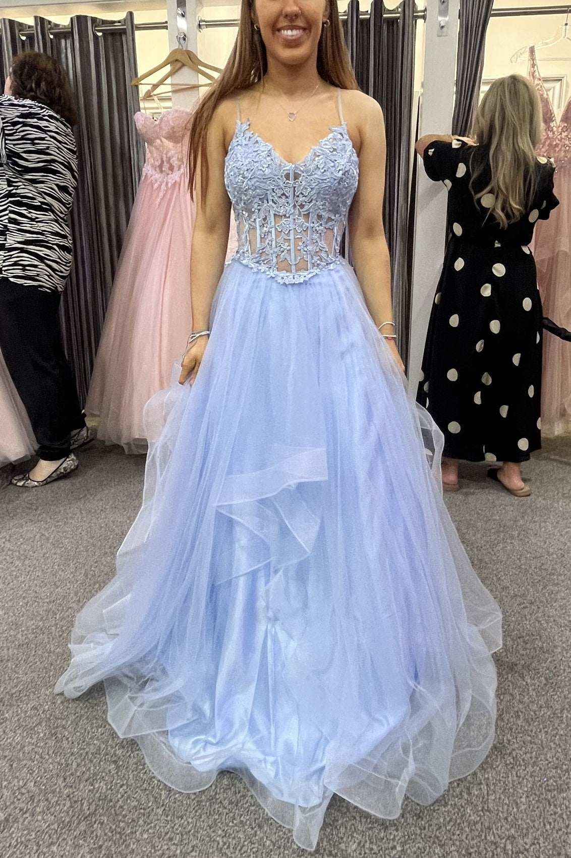 A-line V Neck Sleeveless Long/Floor-Length Tulle Charmeuse Prom Dresses With Appliqued Lace-482