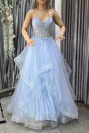 A-line V Neck Sleeveless Long/Floor-Length Tulle Charmeuse Prom Dresses With Appliqued Lace-0