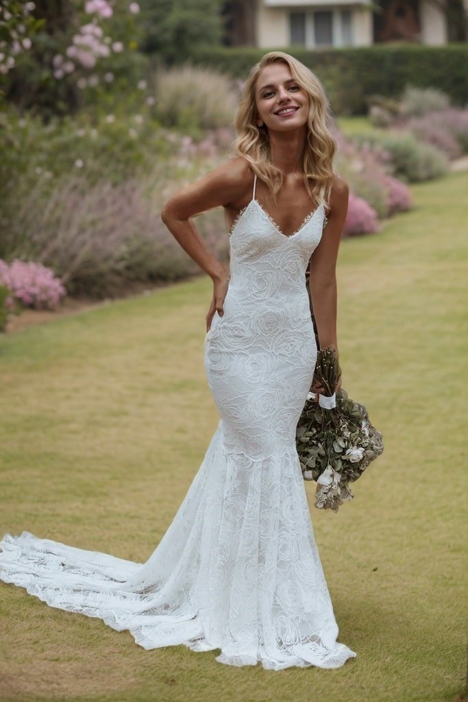 Trumpet/Mermaid V-neck Sleeveless Lace Applique Sweep/Brush Train Wedding Dresses-0
