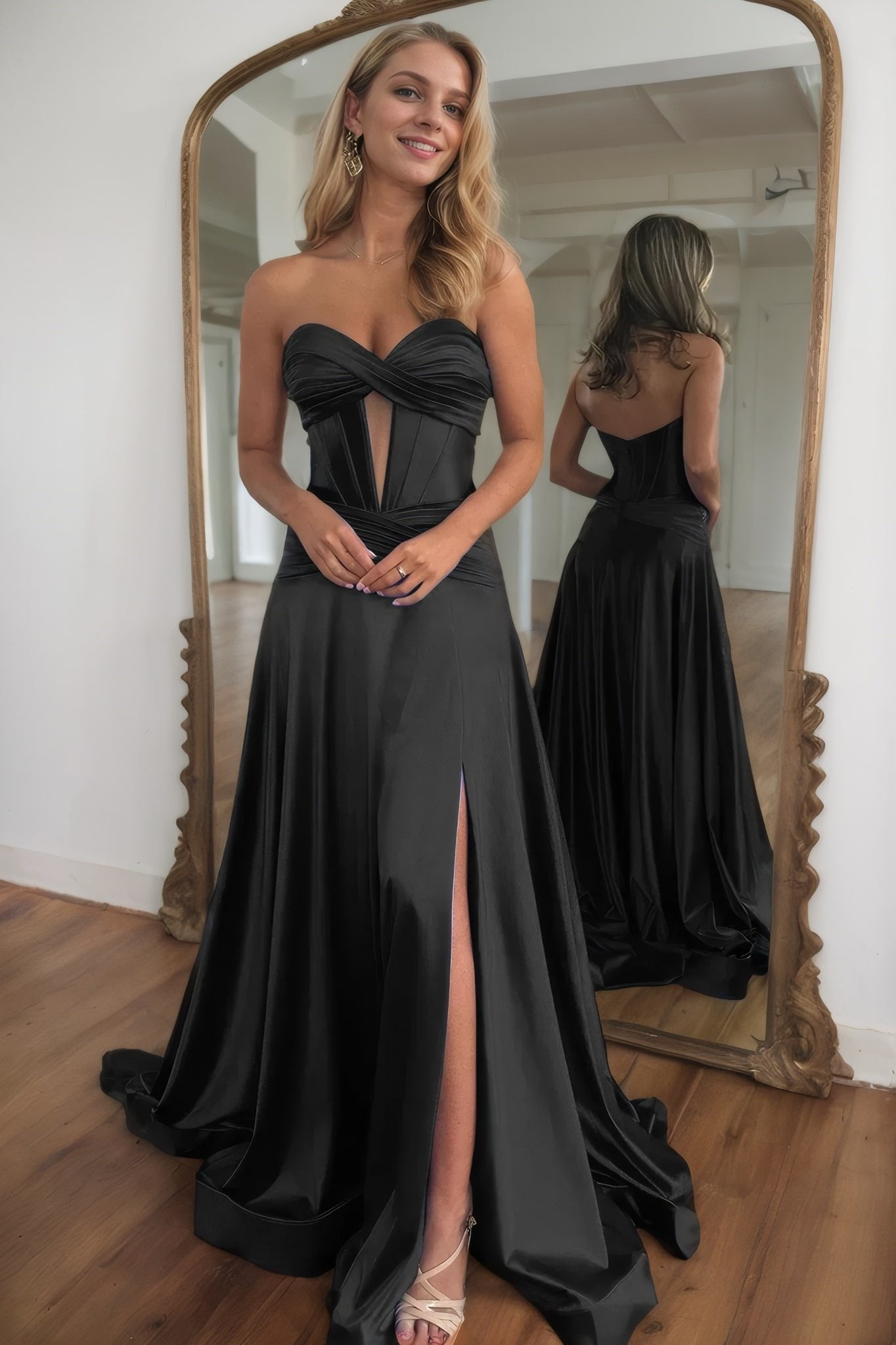 A-line/Princess Sweetheart Silk Sleeveless Long Blue Prom Dresses-811