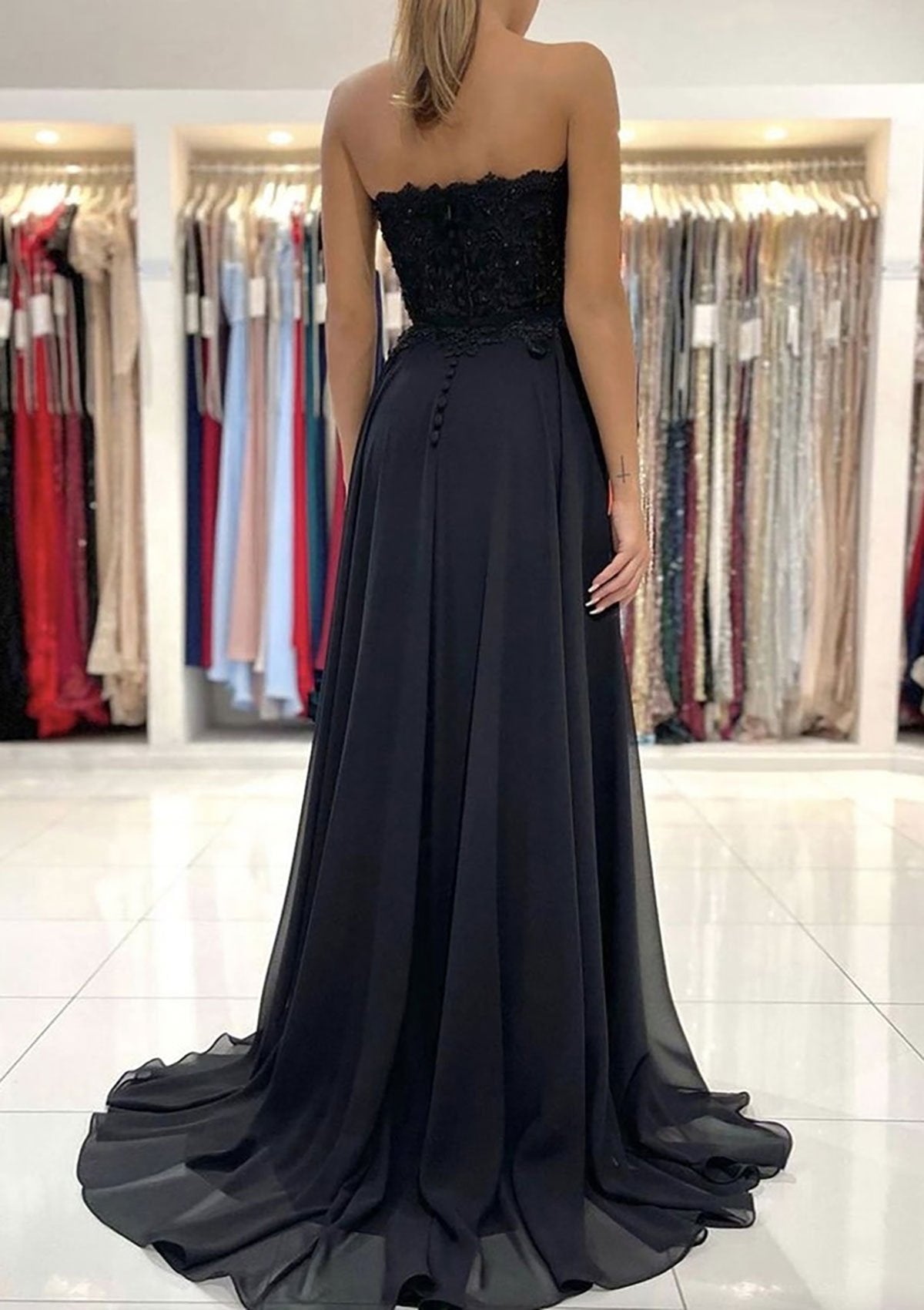 A-line Sweetheart Sweep Train Chiffon Prom Dresses With Lace Beading Split