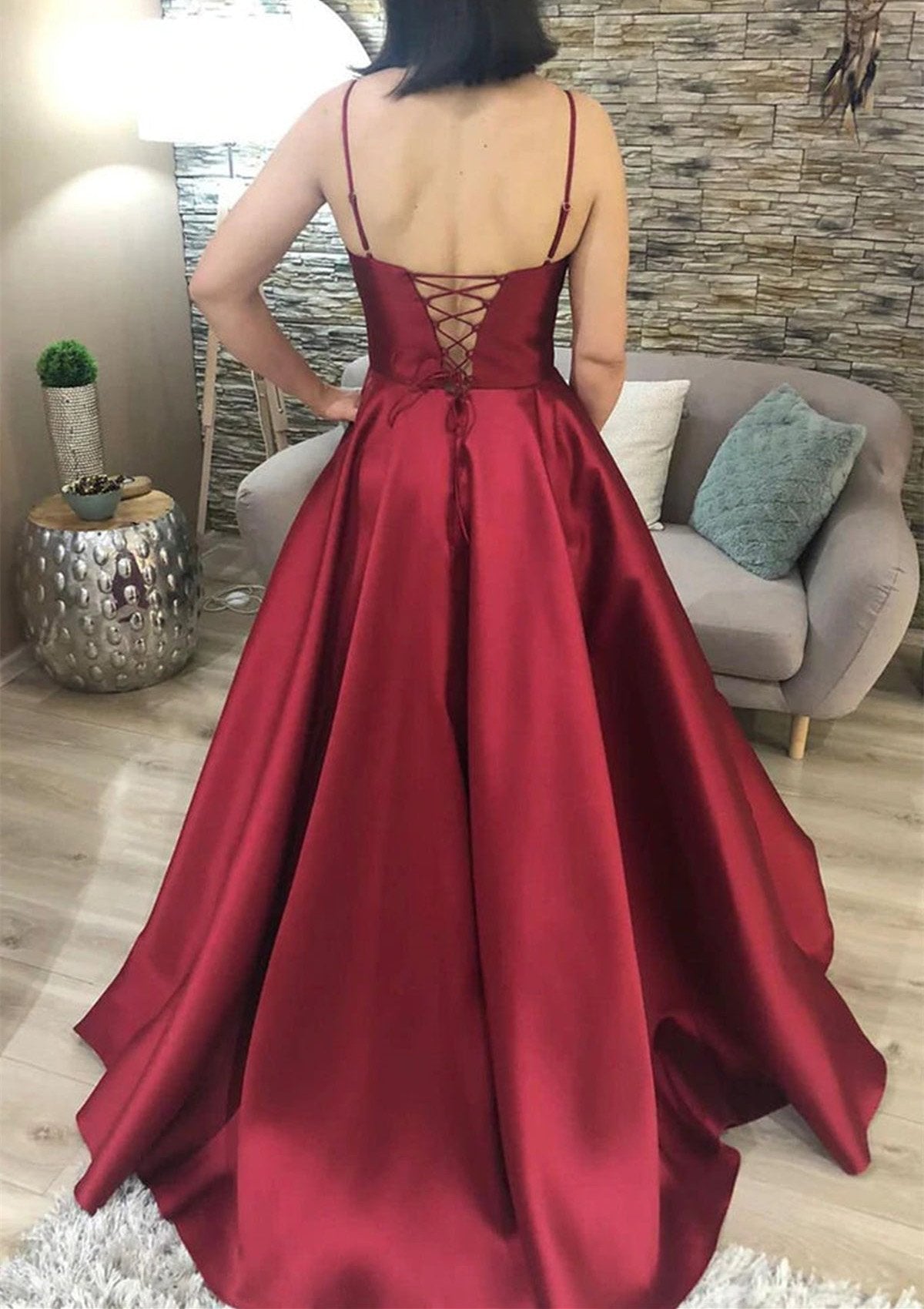 A-line V Neck Spaghetti Straps Long/Floor-Length Charmeuse Prom Dresses With Pockets