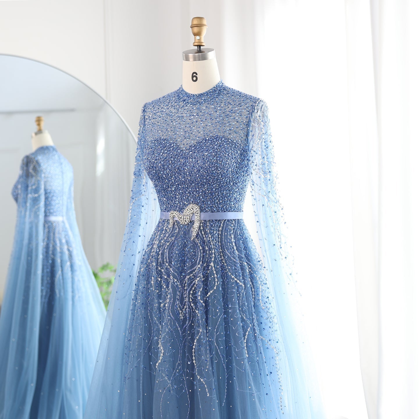 Luxury Blue High Neck Evening Dress with Cape Sleeves SS451