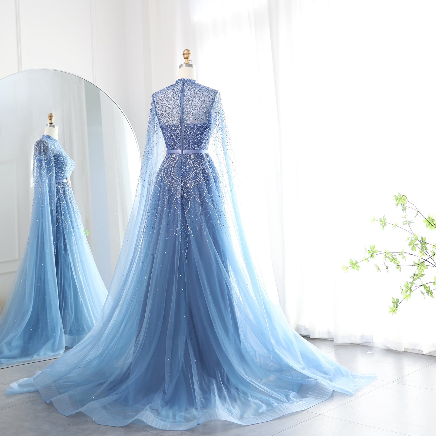 Luxury Blue High Neck Evening Dress with Cape Sleeves SS451