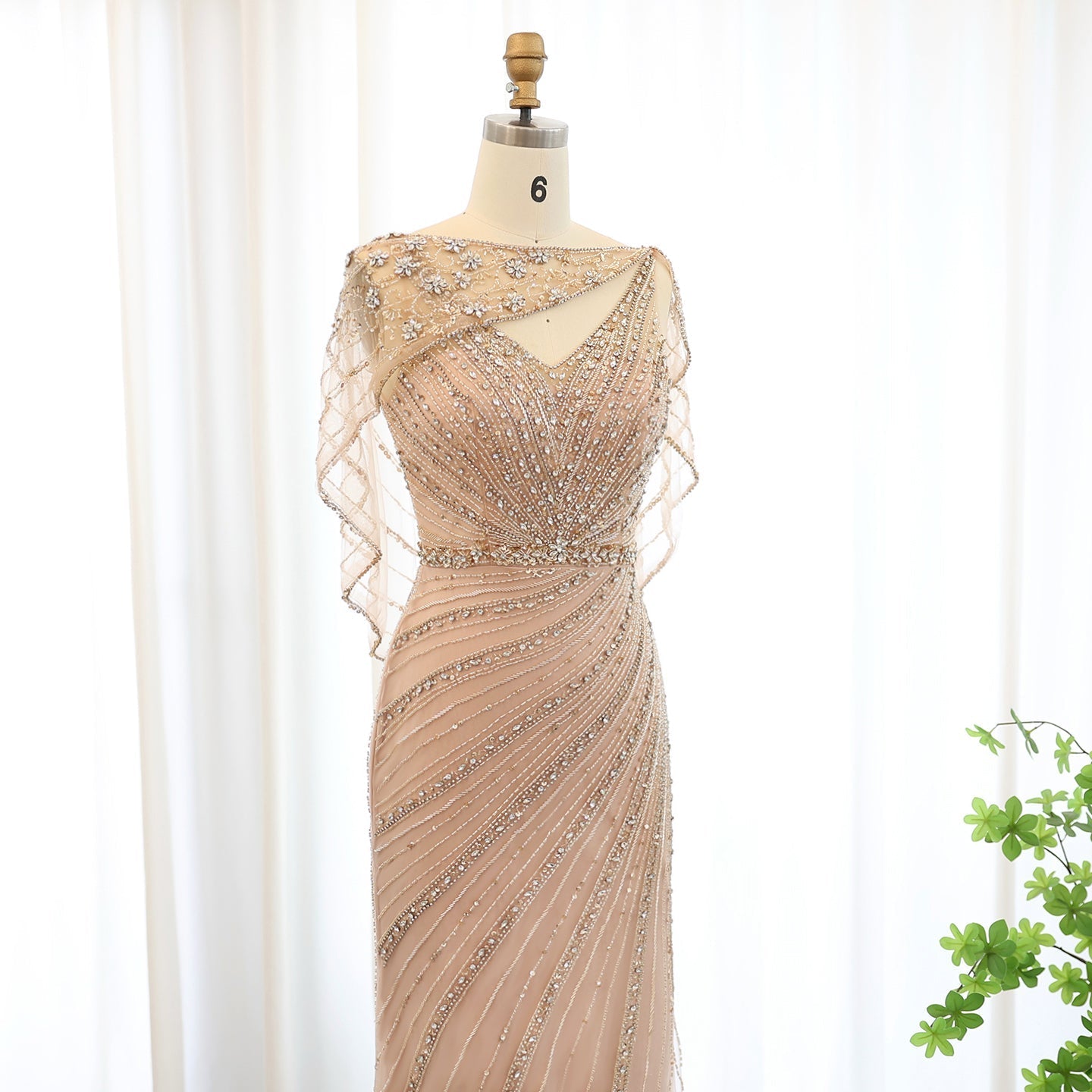 Luxury Champagne Beaded Mermaid Evening Dress with Cape SS122