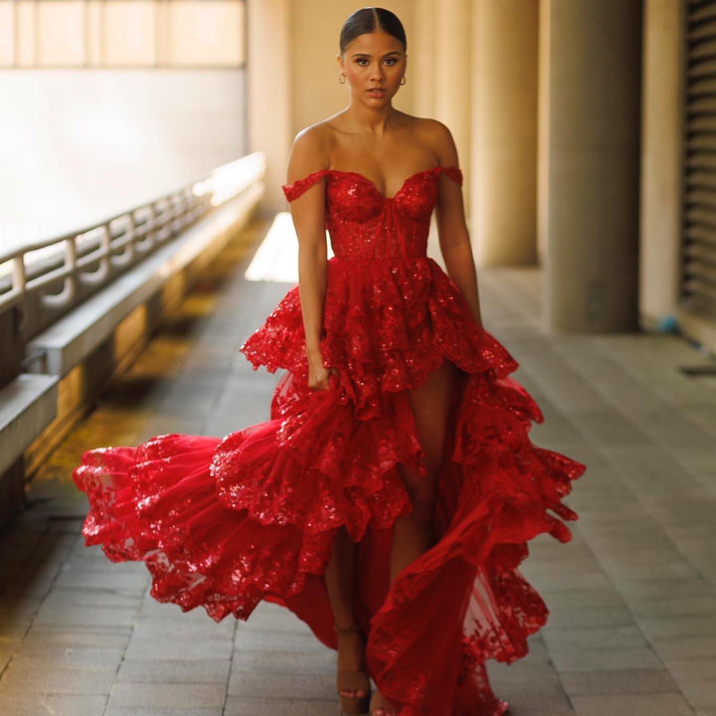 Stylish Black Ruffles Off shoulder Prom Dress with High Slit SF150  Red / US 16