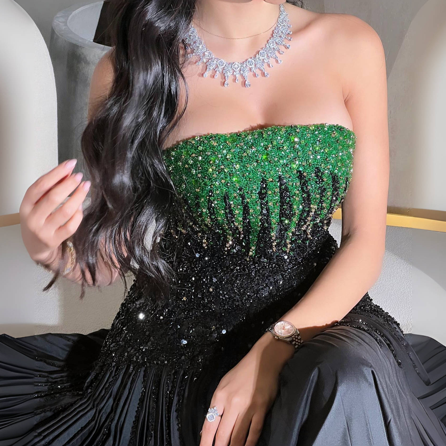 Luxury Beaded Black Green Strapless Evening Dress SS224