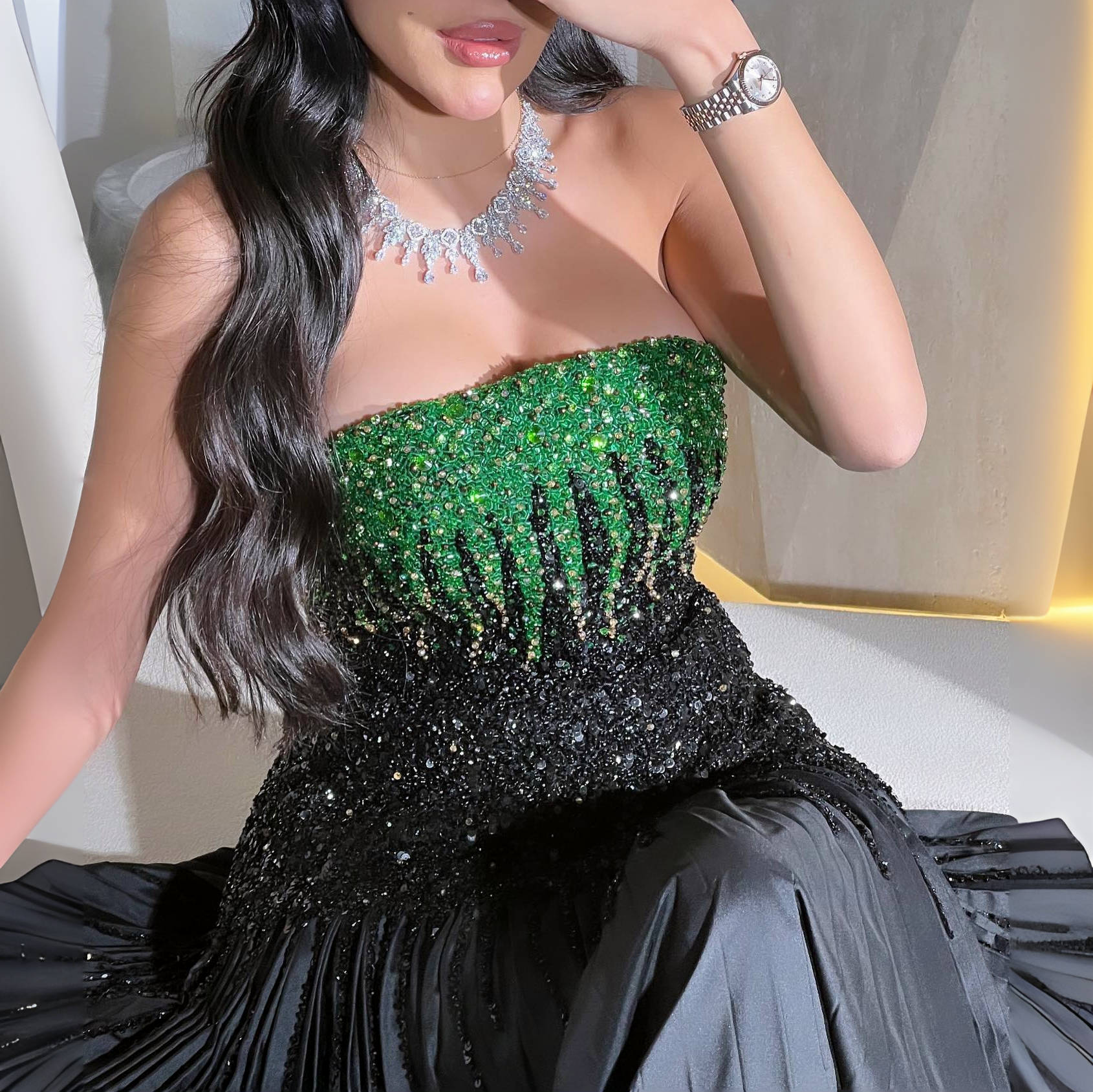 Luxury Beaded Black Green Strapless Evening Dress SS224