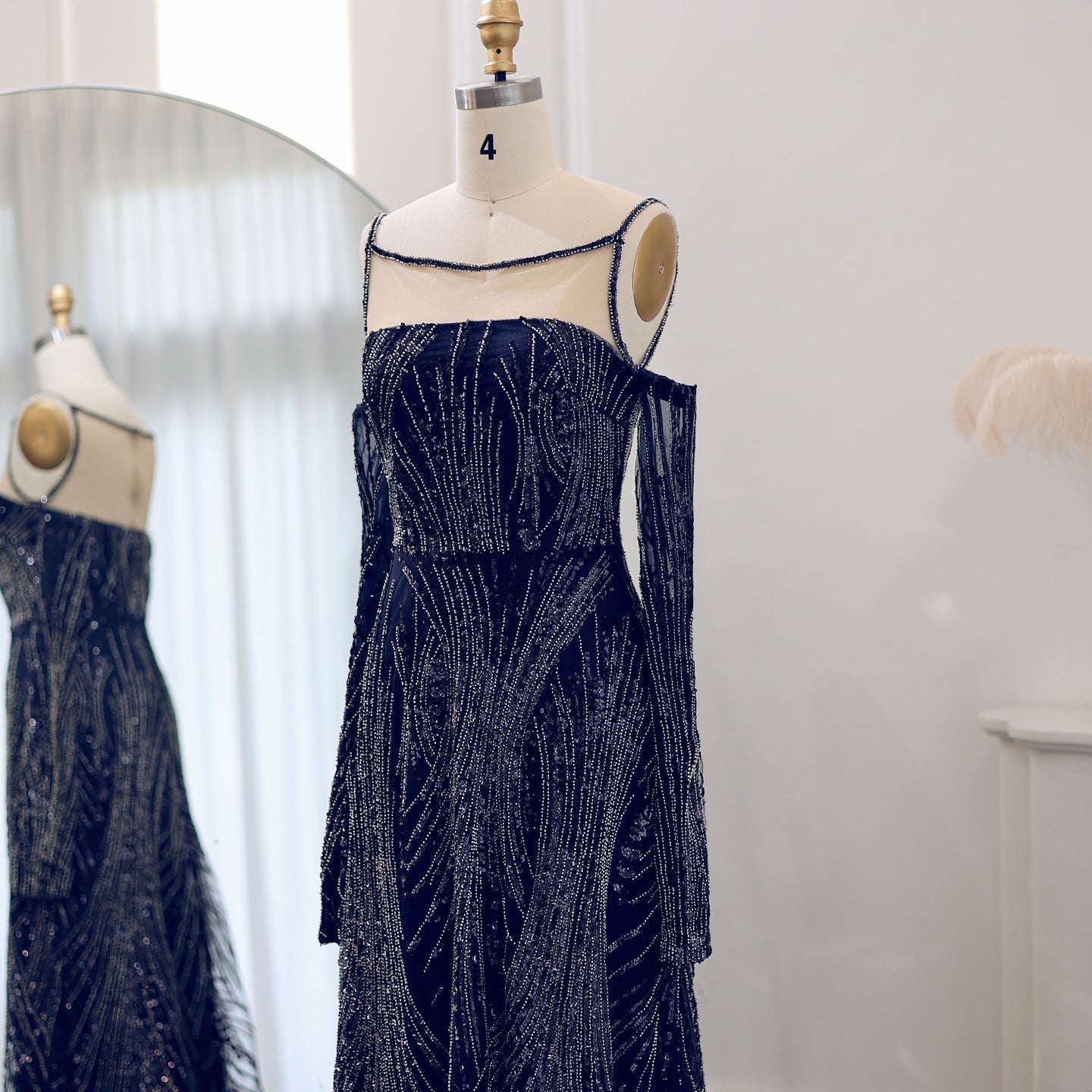 For Sale Luxury Navy Blue Evening Dress with Long Sleeves SS396