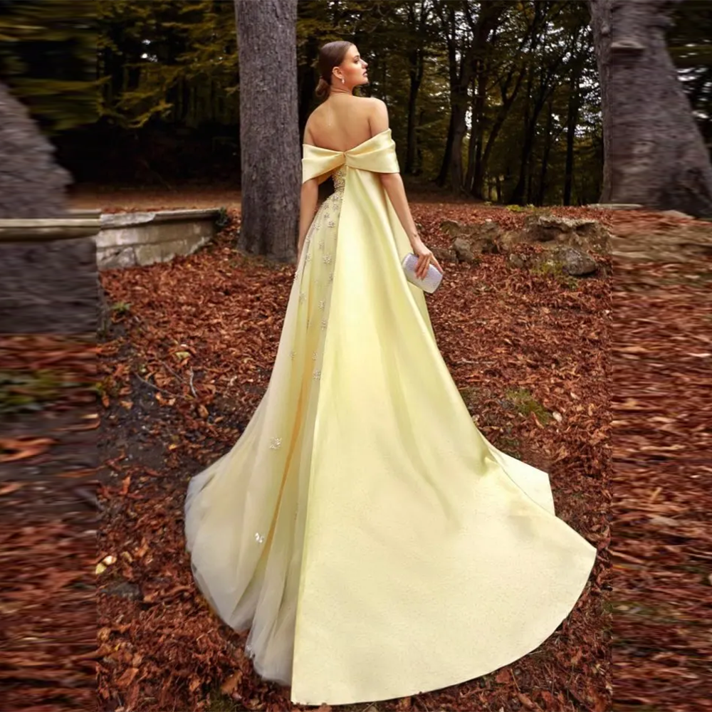 Luxury Yellow Off Shoulder Evening Dress with Cape Train SS455