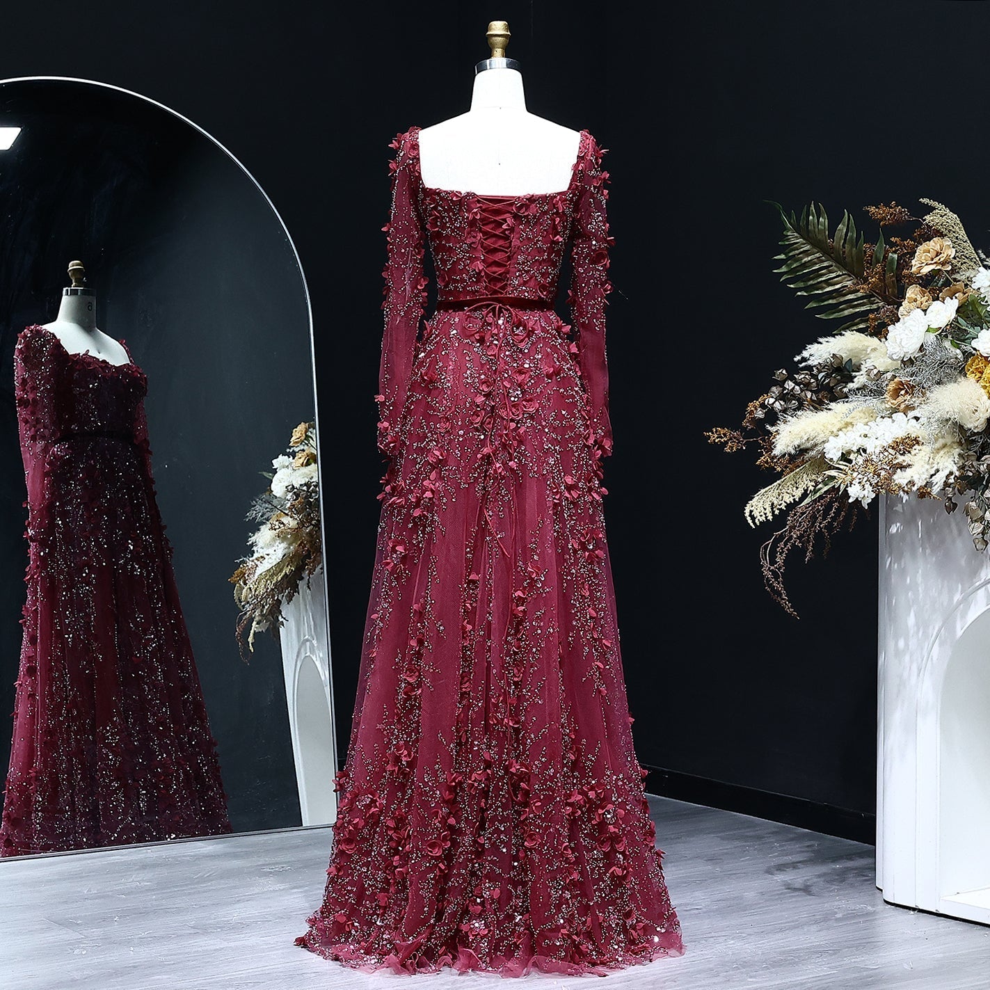 Luxury 3D Flower Gray Long Sleeves Evening Dress SS353