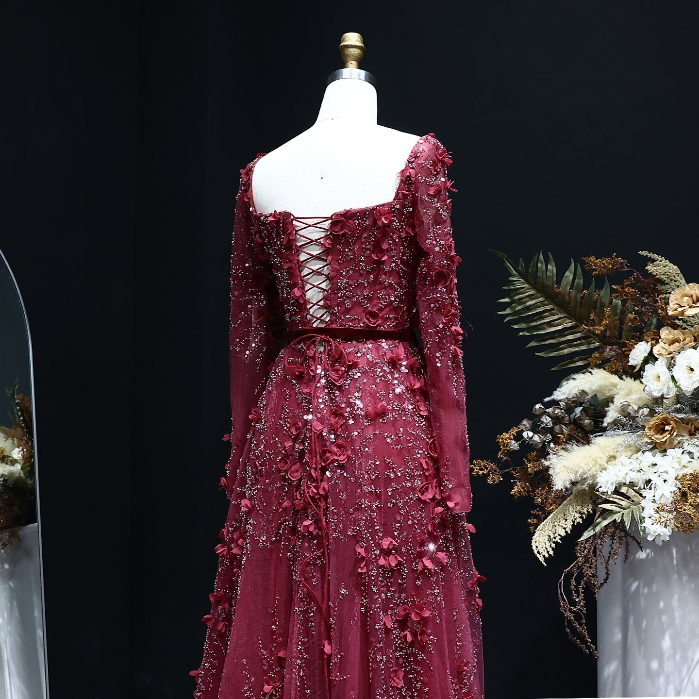 Luxury 3D Flower Gray Long Sleeves Evening Dress SS353