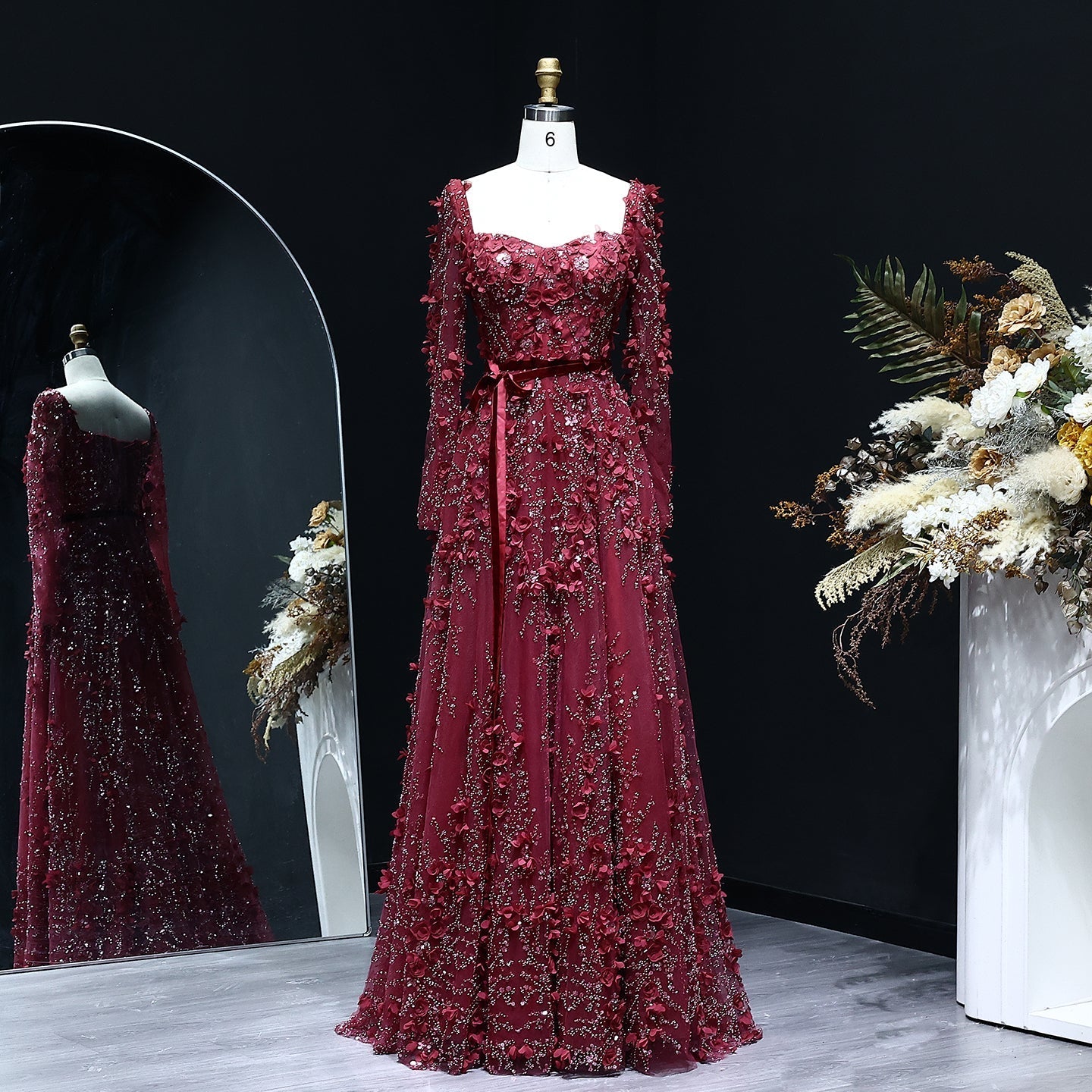 Luxury 3D Flower Gray Long Sleeves Evening Dress SS353  Burgundy / US 20