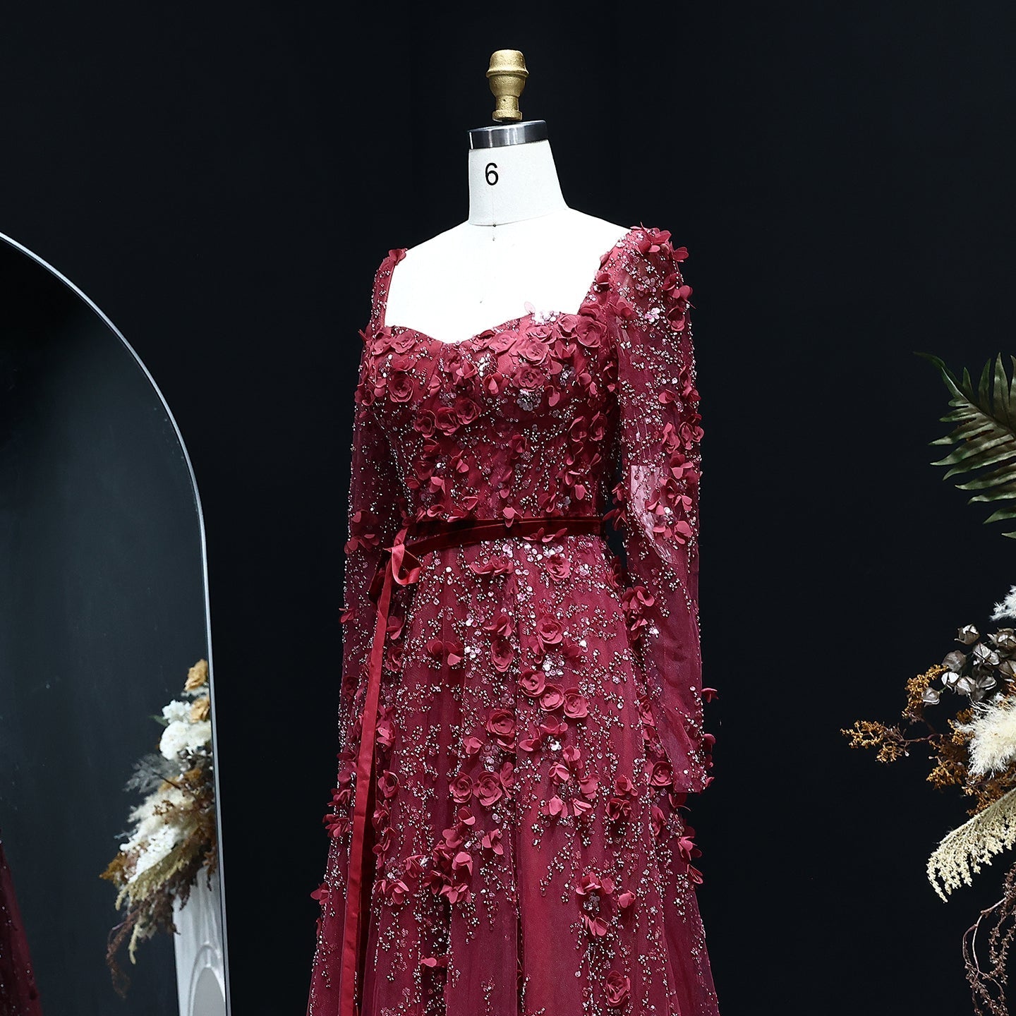 Luxury 3D Flower Gray Long Sleeves Evening Dress SS353