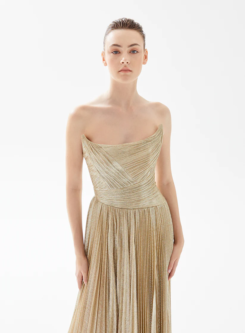 Elegant Gold Pleats Strapless Draped Evening Dress SF208