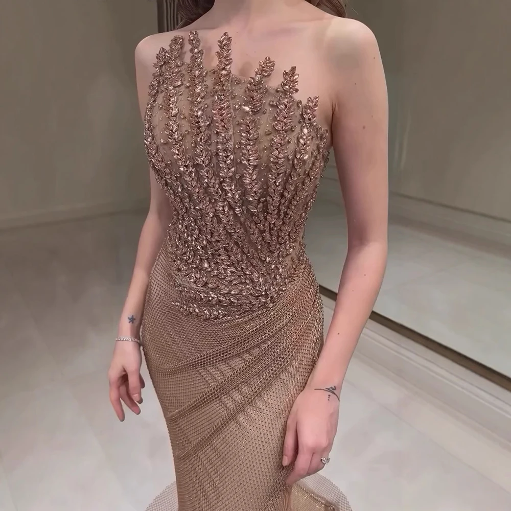 Sparkly Crystal Caramel Strapless Evening Dress SS528