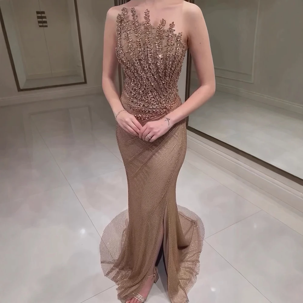 Sparkly Crystal Caramel Strapless Evening Dress SS528