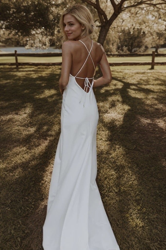 Sheath/Column Stretch Crepe Ruffles V-neck Sleeveless Sweep/Brush Train Wedding Dresses-704