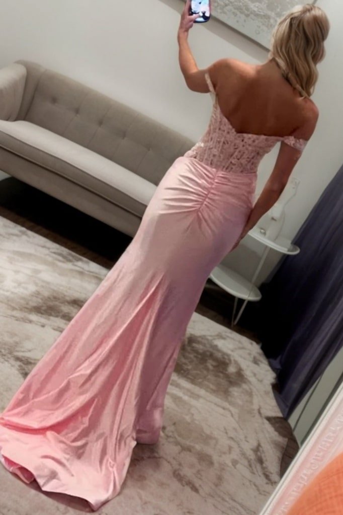 Trumpet/Mermaid Silk Off-the-Shoulder Long Pink Prom Dresses with Slit-819