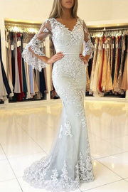 Trumpet/Mermaid V Neck 3/4 Sleeve Sweep Train Tulle Prom Dresses With Waistband Appliqued
