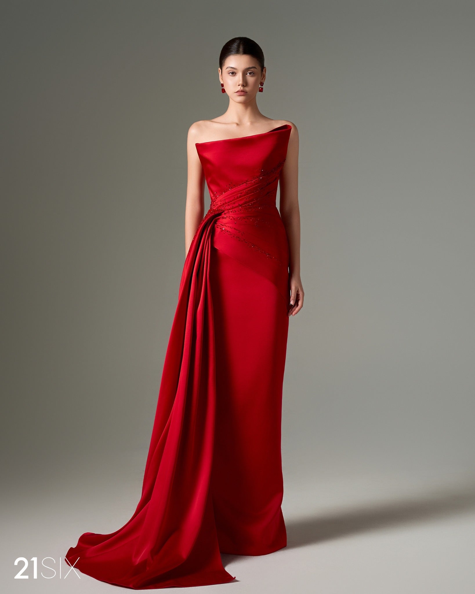 Elegant Crystal Red Mermaid Evening Dress with Overskirt SF514