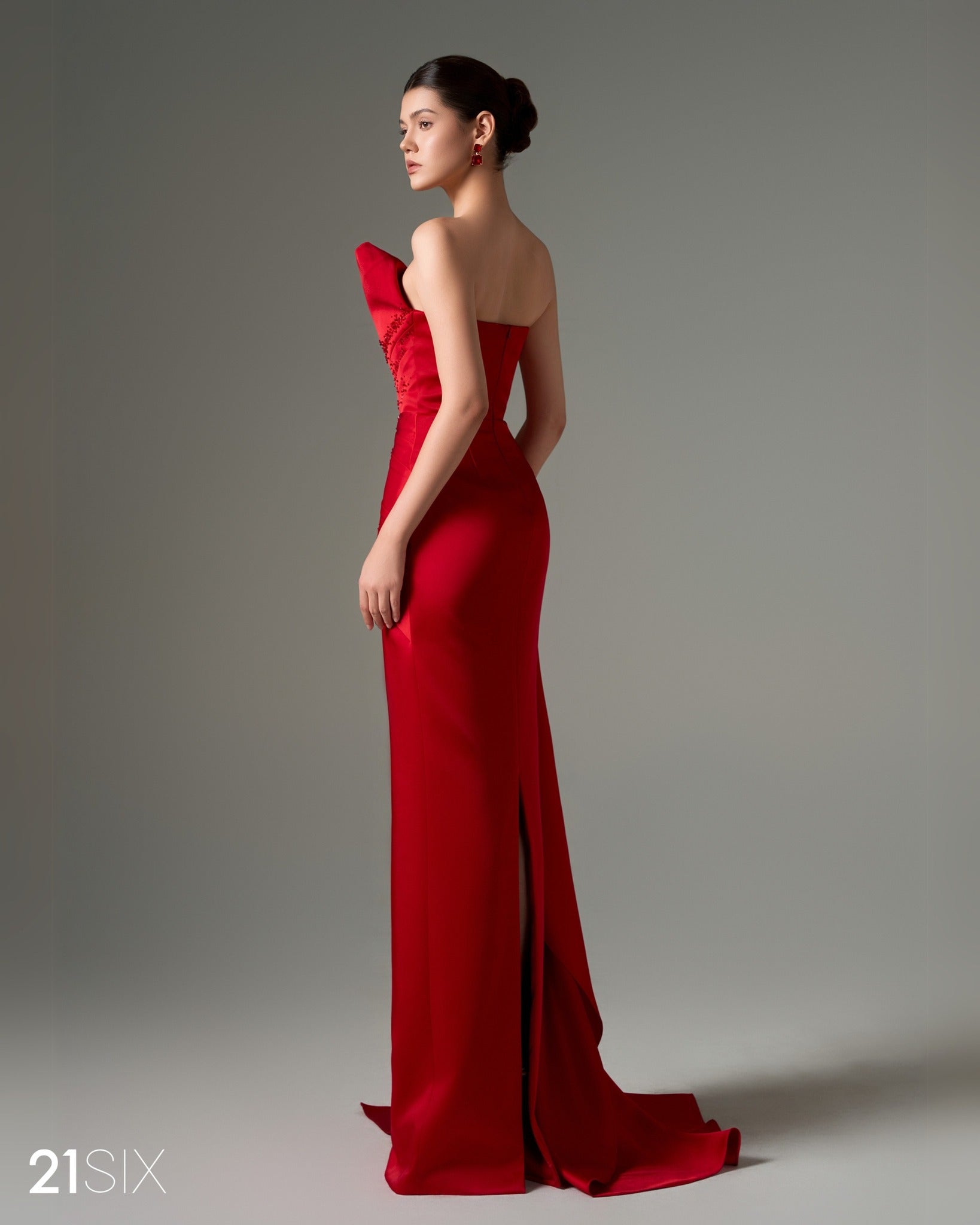Elegant Crystal Red Mermaid Evening Dress with Overskirt SF514