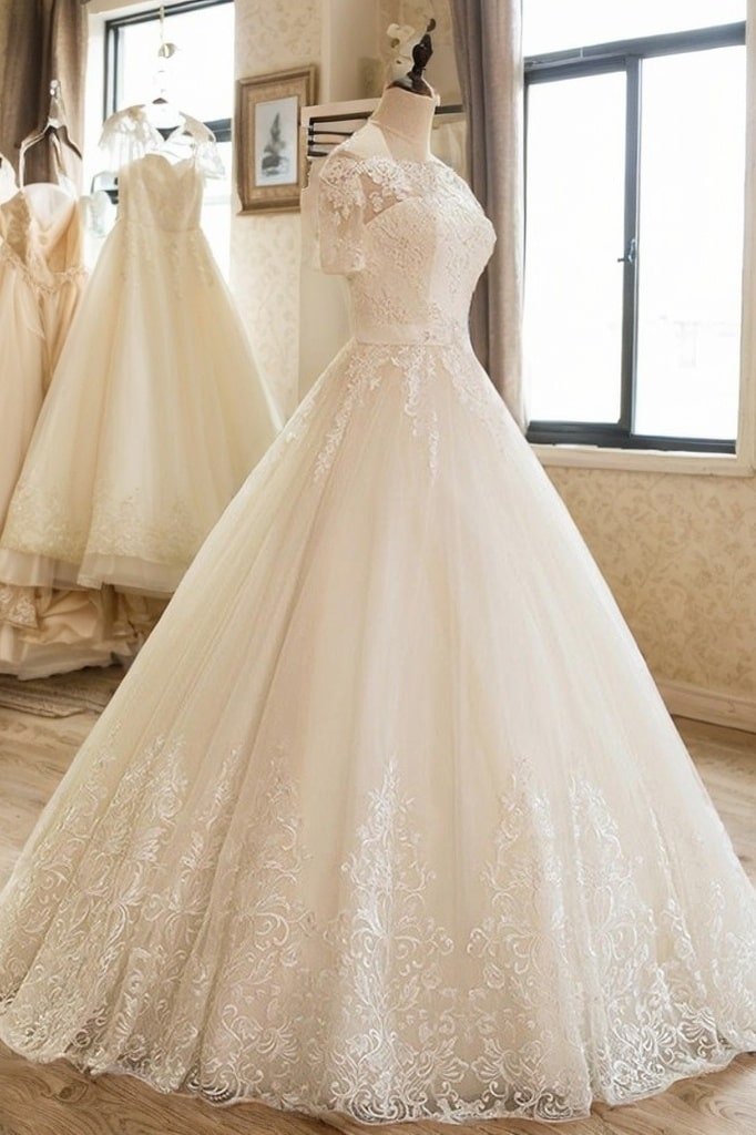 Ball Gown 1/2 Sleeves Off-the-Shoulder Floor-Length Applique Lace Tulle Wedding Dresses-706