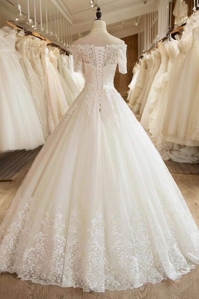 Ball Gown 1/2 Sleeves Off-the-Shoulder Floor-Length Applique Lace Tulle Wedding Dresses-707