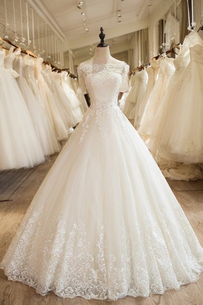 Ball Gown 1/2 Sleeves Off-the-Shoulder Floor-Length Applique Lace Tulle Wedding Dresses-0