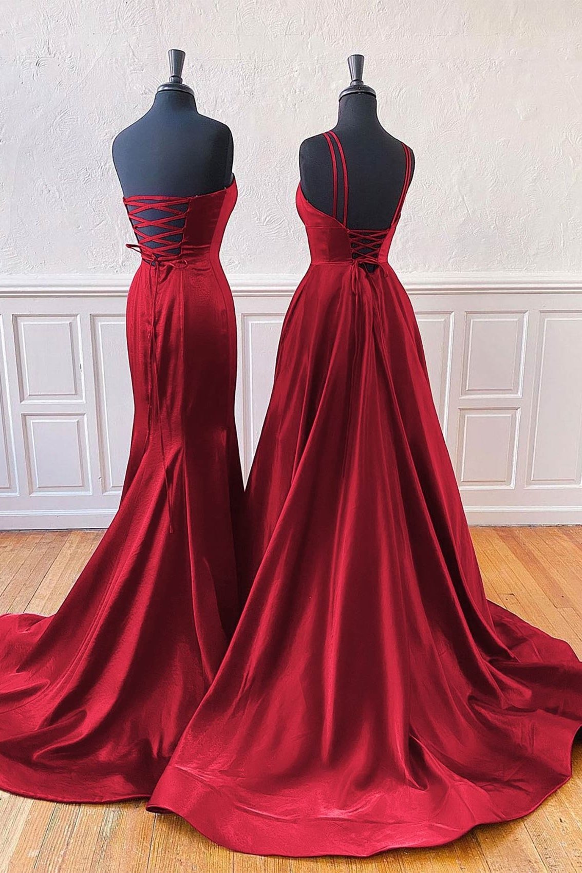 A-line Trumpet/Mermaid Sleeveless Sweep Train Satin Prom Dresses With Split-486
