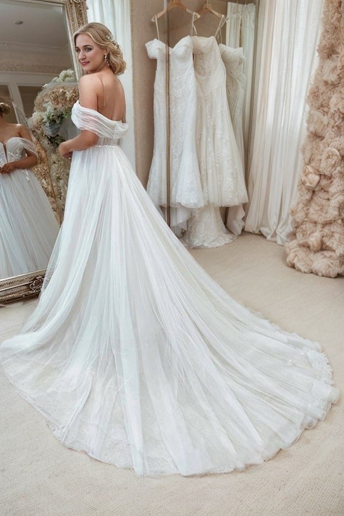 A-Line/Princess Tulle Applique Off-the-Shoulder Sleeveless Sweep/Brush Train Wedding Dresses-709