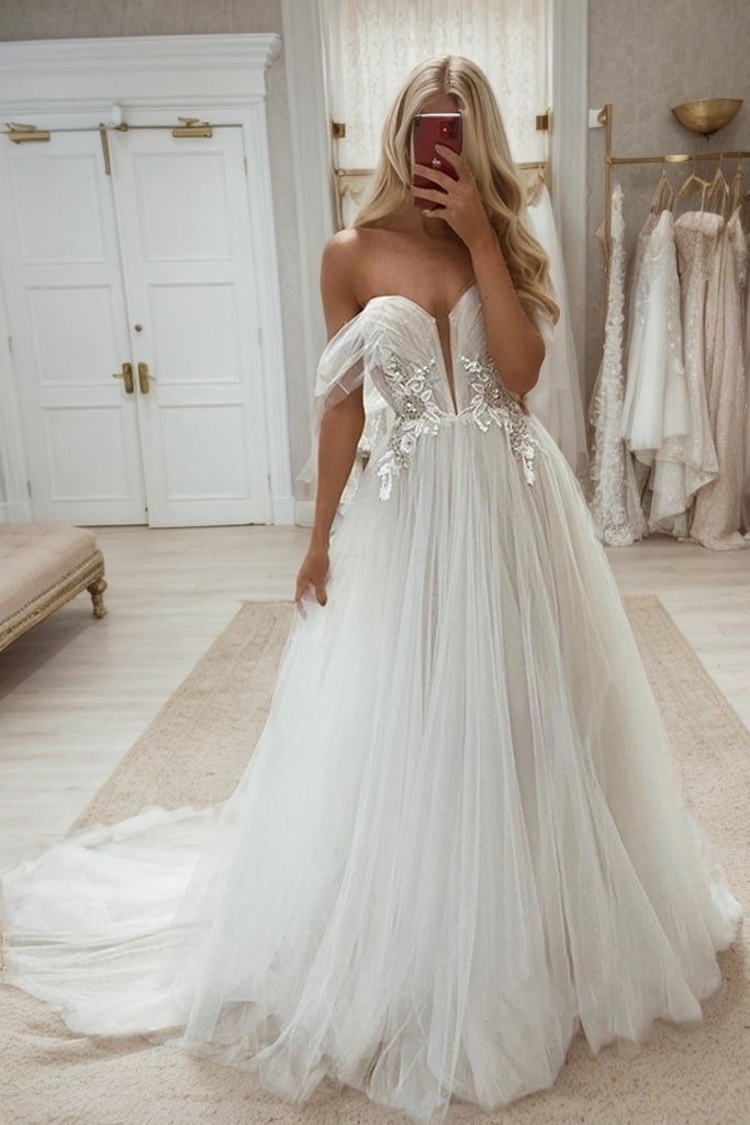A-Line/Princess Tulle Applique Off-the-Shoulder Sleeveless Sweep/Brush Train Wedding Dresses-0