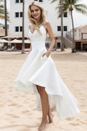 A-Line/Princess Satin Ruched Sleeveless Spaghetti Straps Asymmetrical Wedding Dresses-0