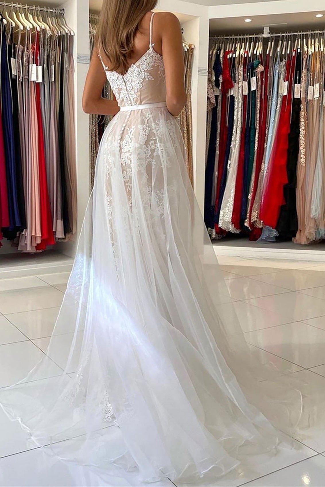 Trumpet/Mermaid Spaghetti Straps Court Train Lace Tulle Prom Dresses With Waistband