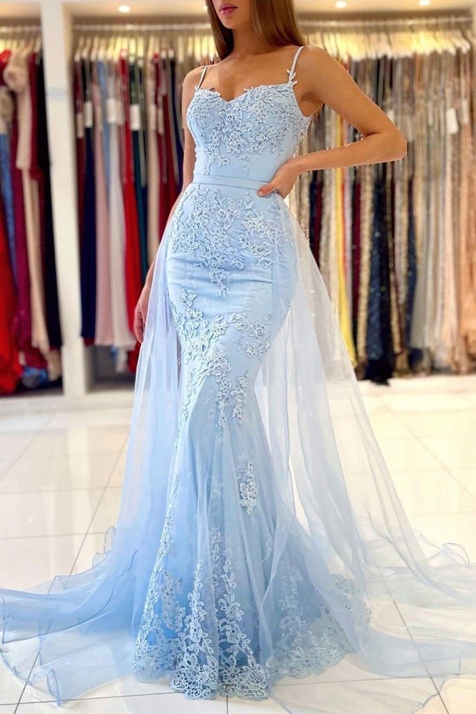 Trumpet/Mermaid Spaghetti Straps Court Train Lace Tulle Prom Dresses With Waistband