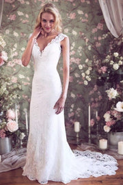 Sheath/Column Tulle Lace V-neck Sleeveless Court Train Wedding Dresses-0