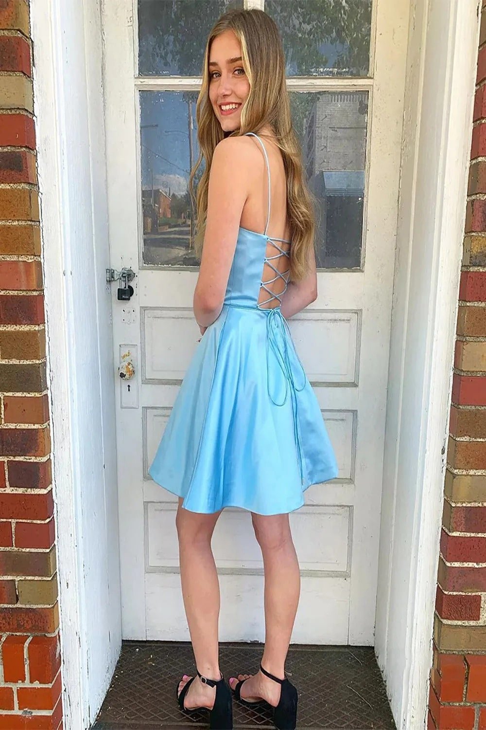 A-line Square Neckline Sleeveless Short/Mini Charmeuse Homecoming Dress-611