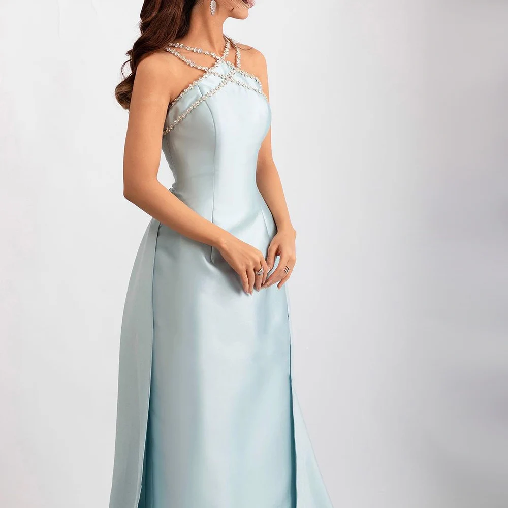 Elegant Light Blue Satin Evening Dress with Overskirt SF048