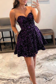 A-line Sweetheart Sleeveless Short/Mini Velvet Sequins Homecoming Dress with Pockets-0