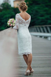 Sheath/Column Lace Scoop Long Sleeves Knee-Length Wedding Dresses-0
