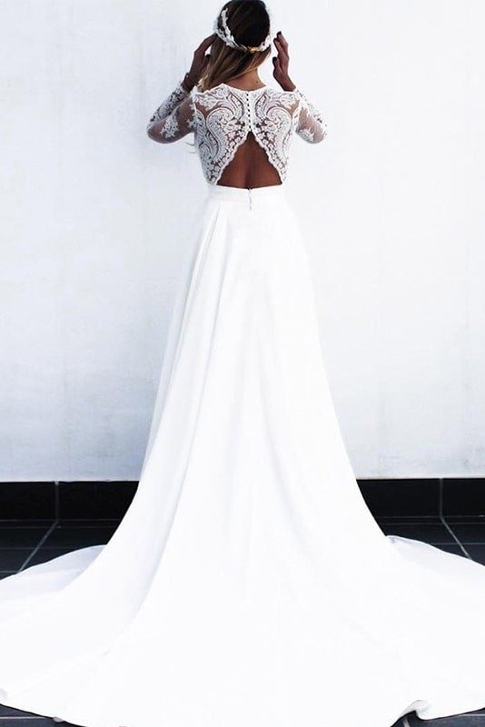 A-Line/Princess Stretch Crepe Lace V-neck Long Sleeves Sweep/Brush Train Wedding Dresses-0