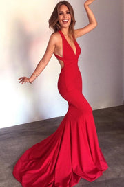 Trumpet/Mermaid Jersey Sleeveless Court Train Prom Dresses Long V Neck Backless Red Prom Gown-0
