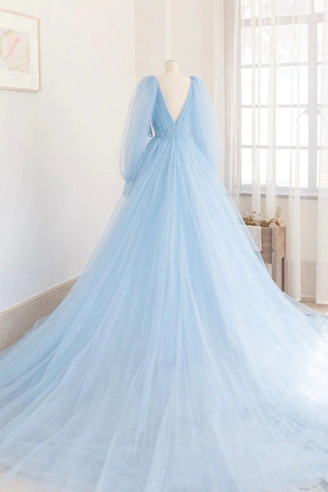 A-line Princess V Neck Full/Long Sleeve Court Train Tulle Prom Dresses-500