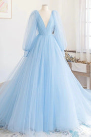 A-line Princess V Neck Full/Long Sleeve Court Train Tulle Prom Dresses-0