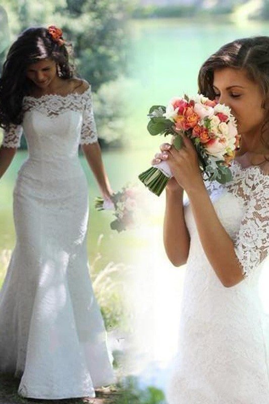 Trumpet/Mermaid Off-the-Shoulder 1/2 Sleeves Lace Court Train Wedding Dresses-0